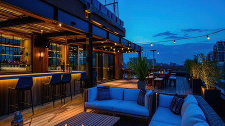 Trendy rooftop party with panoramic views, modern decor, and a vibrant atmosphere for celebration.の素材