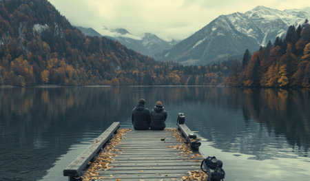 two people sitting on a dock looking out over lake.の素材