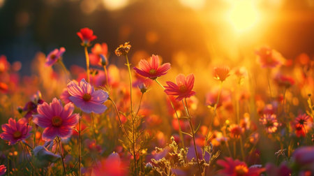 Wildflowers, buzzing bees, and a vibrant sun bring spring's lively spirit.の素材