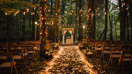 Whimsical woodland wedding with enchanting lights and natural beauty.の素材