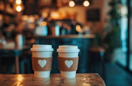 a photo of two latte cups shown in a coffee shop,.の素材