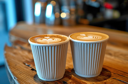 a photo of two latte cups shown in a coffee shop,.の素材