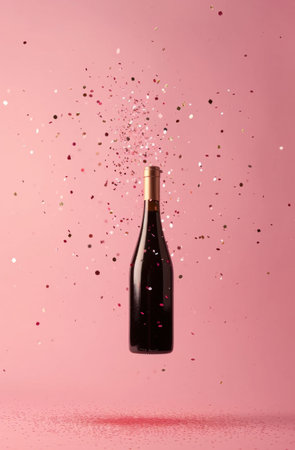 a bottle of wine is flying in the air on a pink background.の素材
