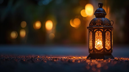 an islamic lantern sitting on the ground with bokeh lights islamic light.の素材