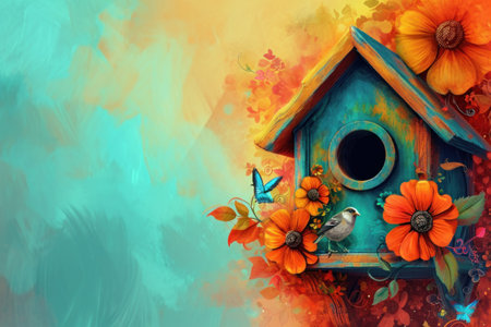 a birdhouse with flowers and leaves is highlighted in a watercolor.の素材