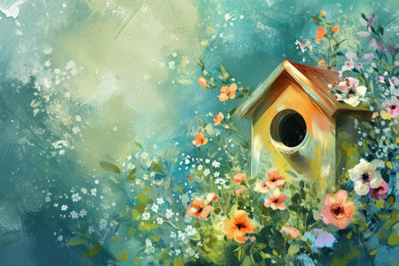 a drawing of a bird house and flowers.の素材