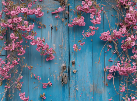 a blue door is covered with pink flowers.の素材
