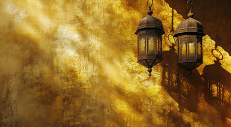 three arabic lamps in front hanging of a blank background.の素材