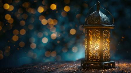 an islamic lantern sitting on the ground with bokeh lights islamic light.の素材