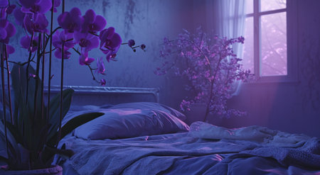 bedroom with purple orchids in autumn landscape, dreamy and romantic compositions.の素材