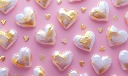 a pink background filled with golden and white colored hearts.の素材