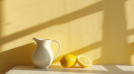 a white pitcher next to a lemon on a table.の素材