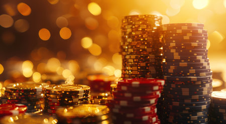 a stack of poker chips in front of some lights in a casino room.の素材