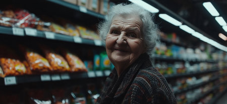 an elderly woman smiling in a dark aisle.の素材
