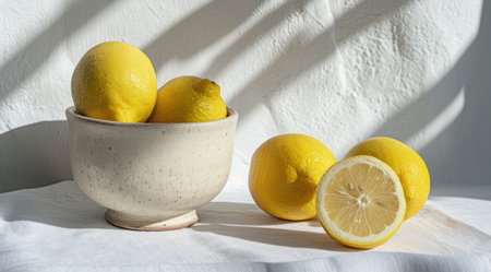 a pot and lemons next to one another on a white background.の素材