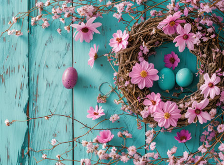a wreath made of pink flowers with two eggs.の素材