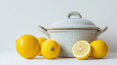 a pot and lemons next to one another on a white background.の素材