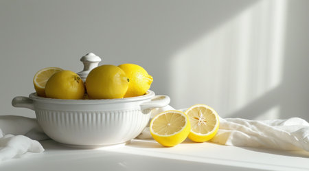 a pot and lemons next to one another on a white background.の素材