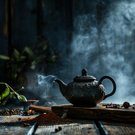 a teapot on a wooden table sits on a table next to some spices on a dark background.の素材
