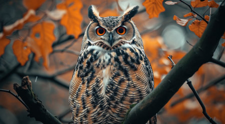 a large owl sitting on a tree branch.の素材