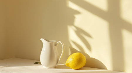 a white pitcher next to a lemon on a table.の素材