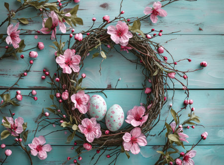a wreath made of pink flowers with two eggs.の素材