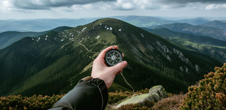 a hand is holding a compass across a beautiful mountain landscape.の素材