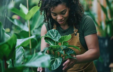 a woman repots a plant in a garden.の素材