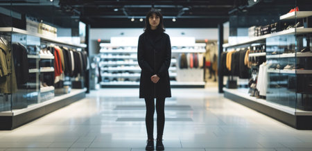 an image with a woman in black standing alone in a store.の素材