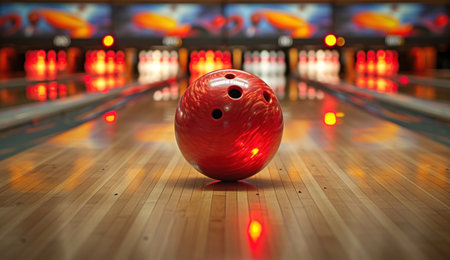 bowling ball at the front of a pins with many other bowling balls.の素材