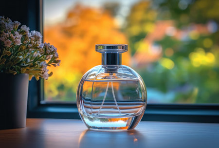 a perfume bottle on a table in front of the window.の素材