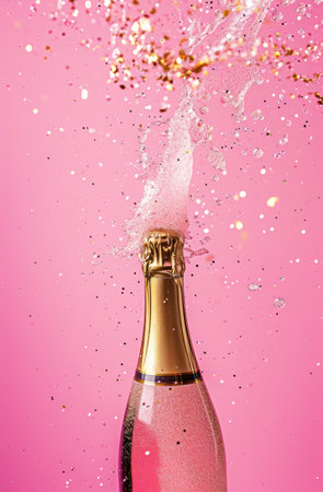 champagne bottle falling on a pink background.の素材