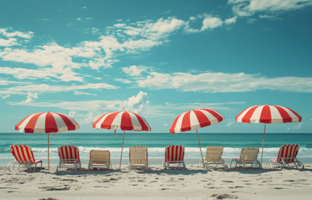 chairs lined up along the beach under a red and white umbrella.の素材