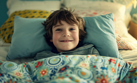 boy smiling in bed.の素材