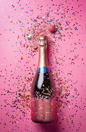 champagne bottle falling on a pink background.の素材