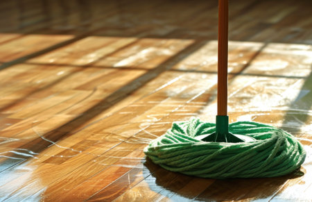 clean floor on a wooden floor with green mop.の素材