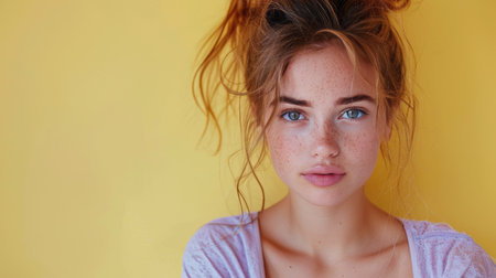A woman with striking blue eyes and a messy top knot hairstyle.の素材