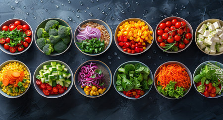 Multiple bowls showing an assortment of fresh and colorful vegetables like tomatoes, cucumbers, bell peppers, carrots, and lettuce.の素材