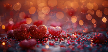 Three bright red hearts rest on a smooth black surface, creating a striking contrast.の素材