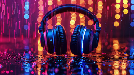 A pair of headphones rests on top of a wooden table, waiting to be used.の素材