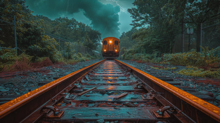 A train track running through the dense trees of a forest, showcasing man-made infrastructure in a natural setting.の素材