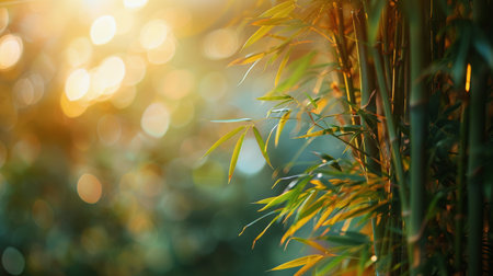 Bright sunlight filters through the lush green leaves of a bamboo tree.の素材