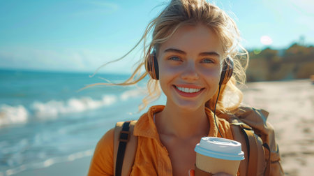 A woman standing on the beach, holding a cup of coffee in her hand.の素材