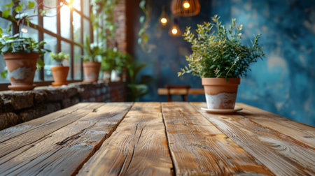 A table with a potted plant and candles on it. The candles are lit and the table is set for a romantic dinnerの素材