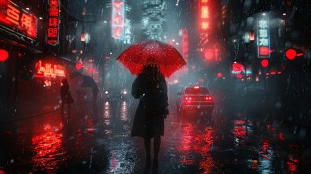 A woman standing in the rain, holding an umbrella to shield herself from the water droplets falling from the sky.の素材