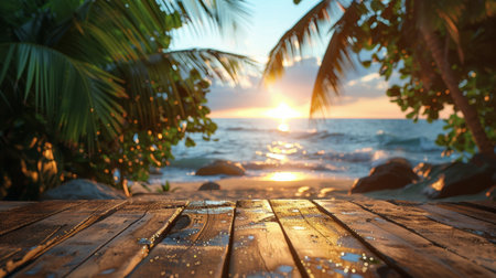 A wooden table positioned in front of a vast ocean, offering a scenic view of the water stretching to the horizon.の素材