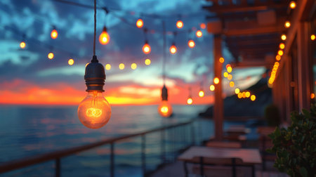 Sunset Ambiance with Festive String Lights at Beach.の素材