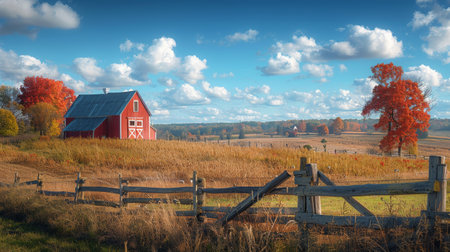 Autumn Harmony: Red Barn in Open Field.の素材