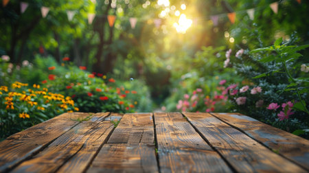 A rustic wooden table adorned with colorful flowers and bunting in the background, creating a charming and festive atmosphere.の素材