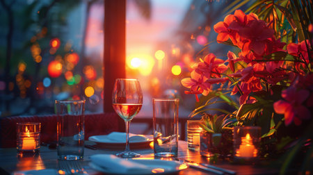 A table with a wine glass and a vase of flowers. The table is set for a romantic dinnerの素材